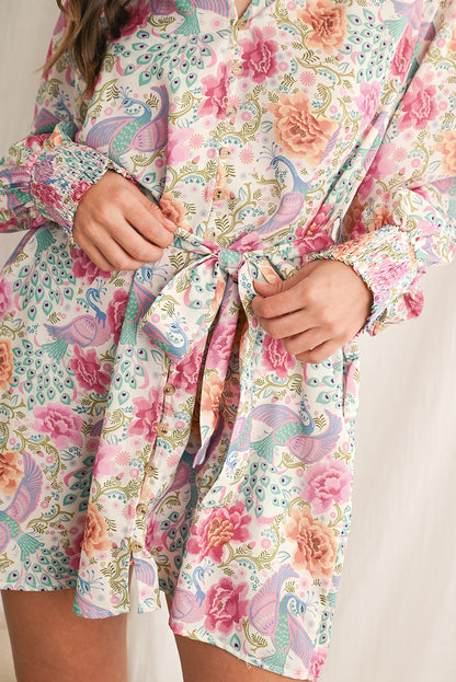 Multicolour Boho Long Sleeve V-Neck Knot Mini Dress