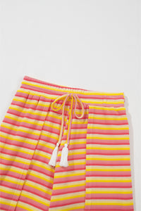Pink Stripe Rainbow Tee and Tassel Drawstring Wide Leg Pants Set