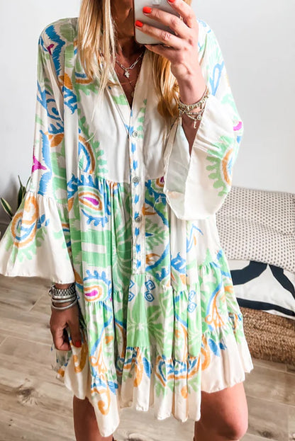 Green Ethnic Print Boho Tiered Mini Flowy Dress