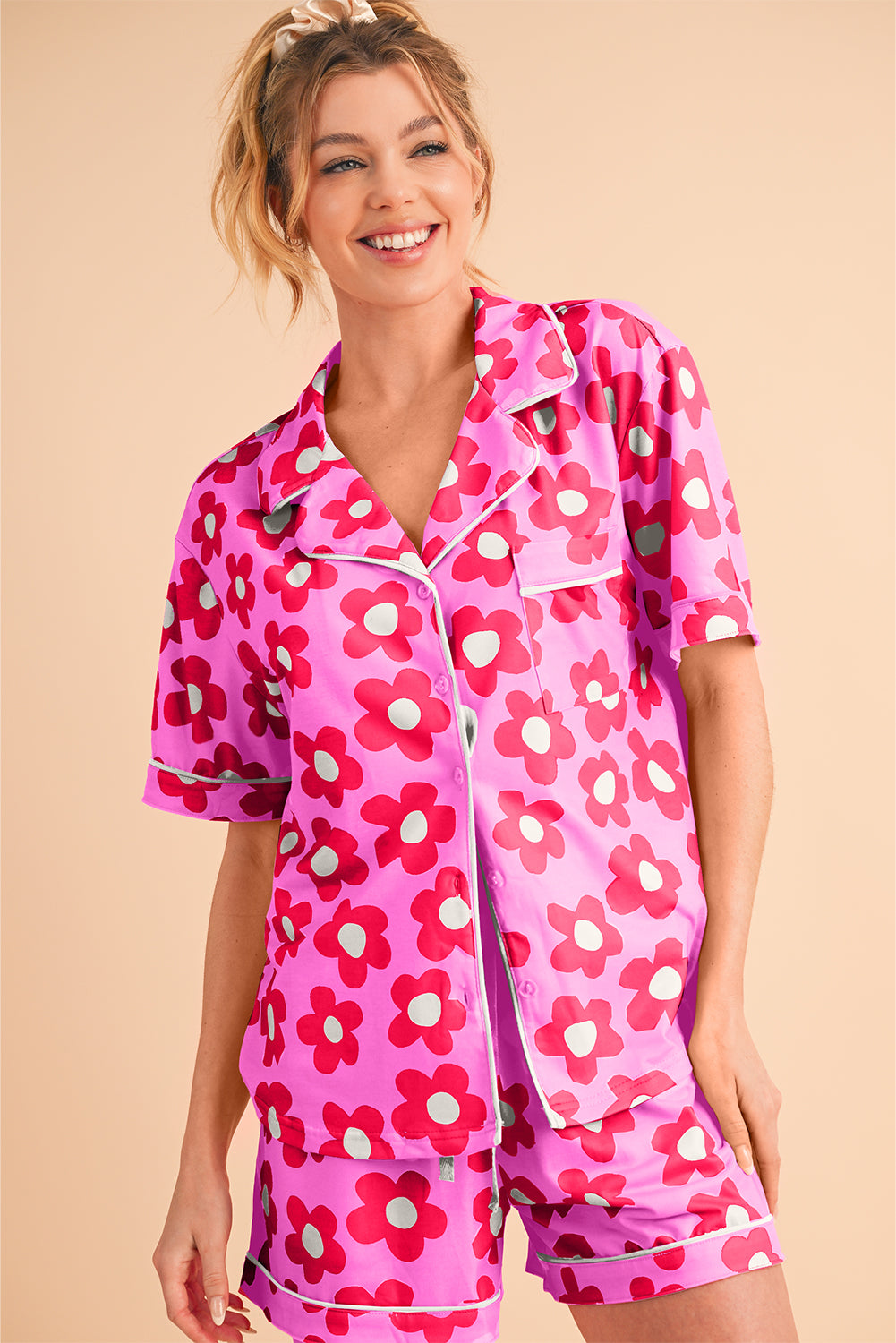 Pink Flower Print Buttoned Shirt and Drawstring Waist Pajama Set