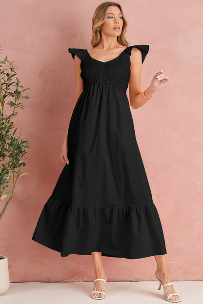 Apricot Pink V Neck Flutter Sleeve Smocked Bodice High Waist Ruffle Maxi Dress