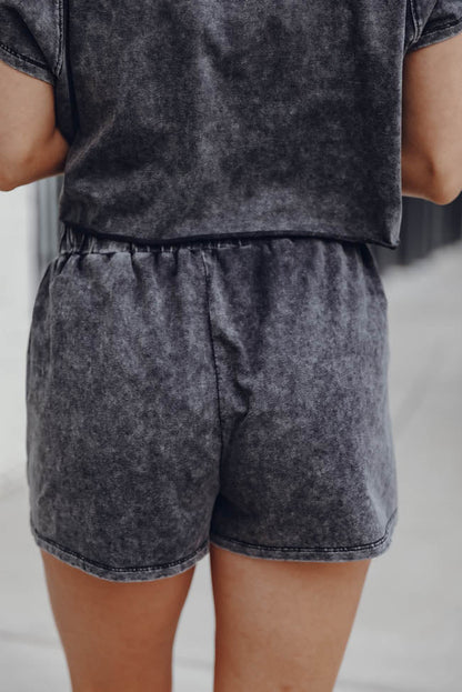 Black Acid Washed T Shirt & Drawstring Shorts Loungewear Set