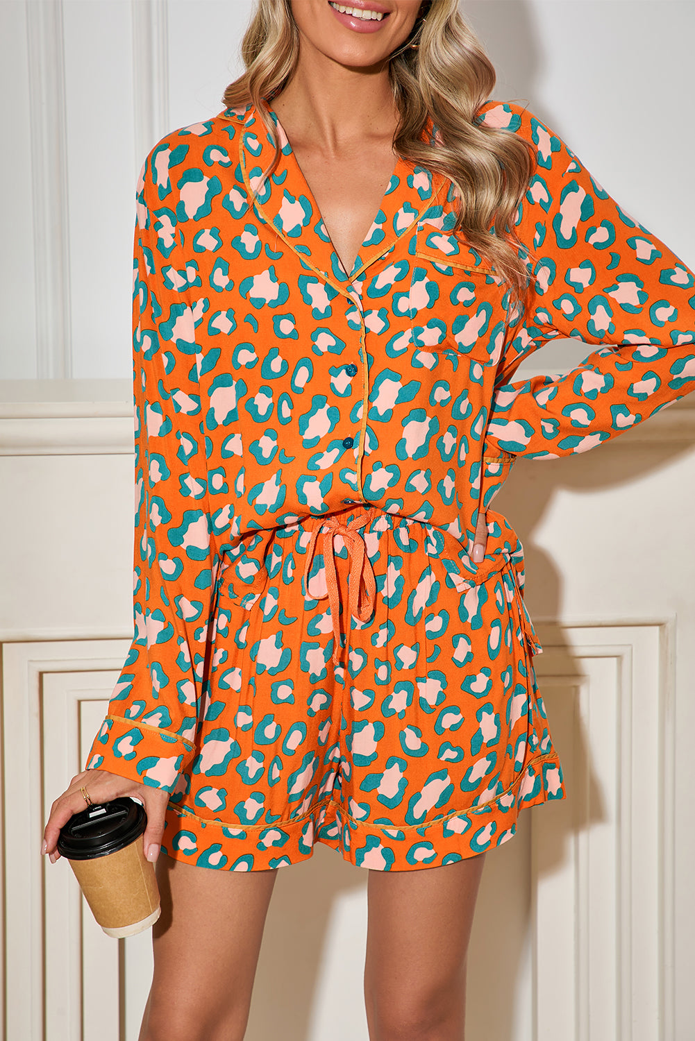 Orange Leopard Print Long Sleeve Shirt and Shorts Pajama Set