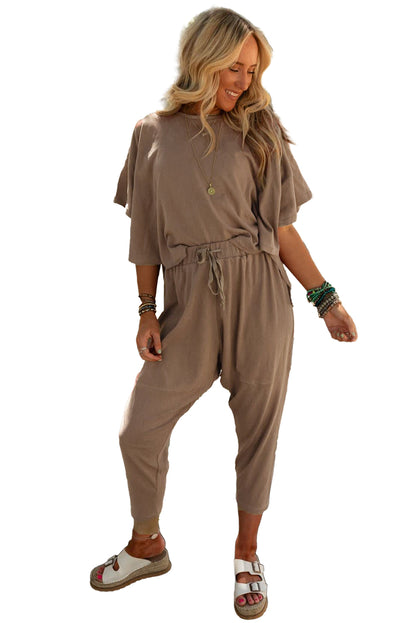 Taupe Batwing Sleeve High Low Tee and Drawstring Crop Pants Set