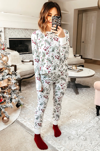 White Holly Print Christmas Pullover Pants Pajama Set