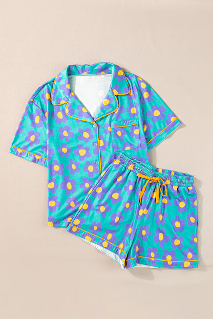 Pink Flower Print Buttoned Shirt and Drawstring Waist Pajama Set