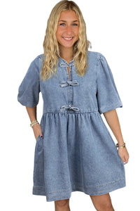 Dusk Blue Bowknot Puff Sleeve Denim Dress