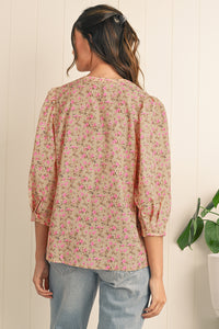 Light French Beige Ditsy Floral Print Bow Front Puff Sleeve Blouse