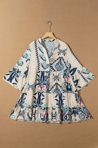 Green Ethnic Print Boho Tiered Mini Flowy Dress