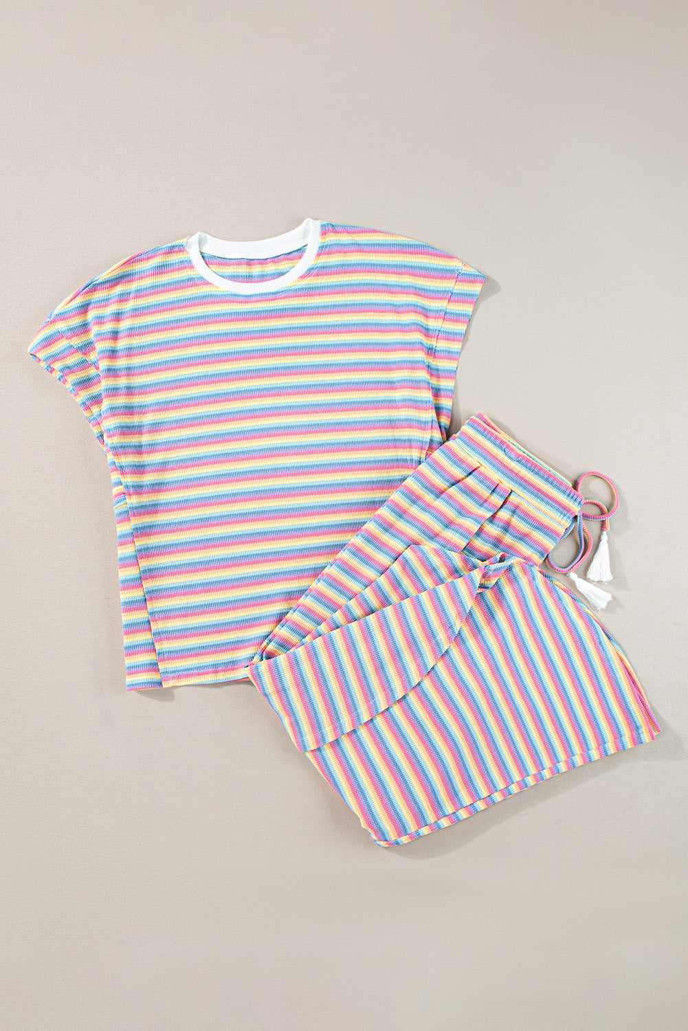 Pink Stripe Rainbow Tee and Tassel Drawstring Wide Leg Pants Set