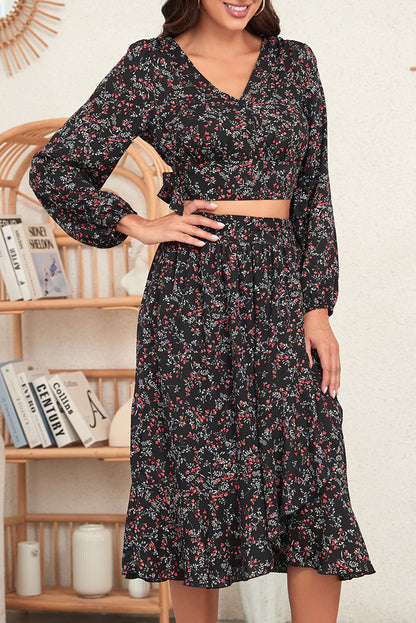 Black Floral Print V Neck Cropped Top Midi Skirts Set