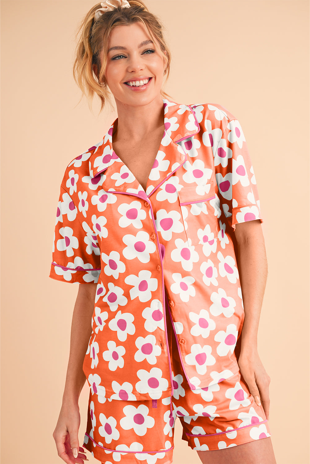 Pink Flower Print Buttoned Shirt and Drawstring Waist Pajama Set