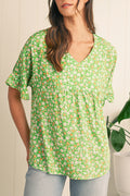 Green Floral Print Ruffle Sleeve V Neck Pleated Blouse