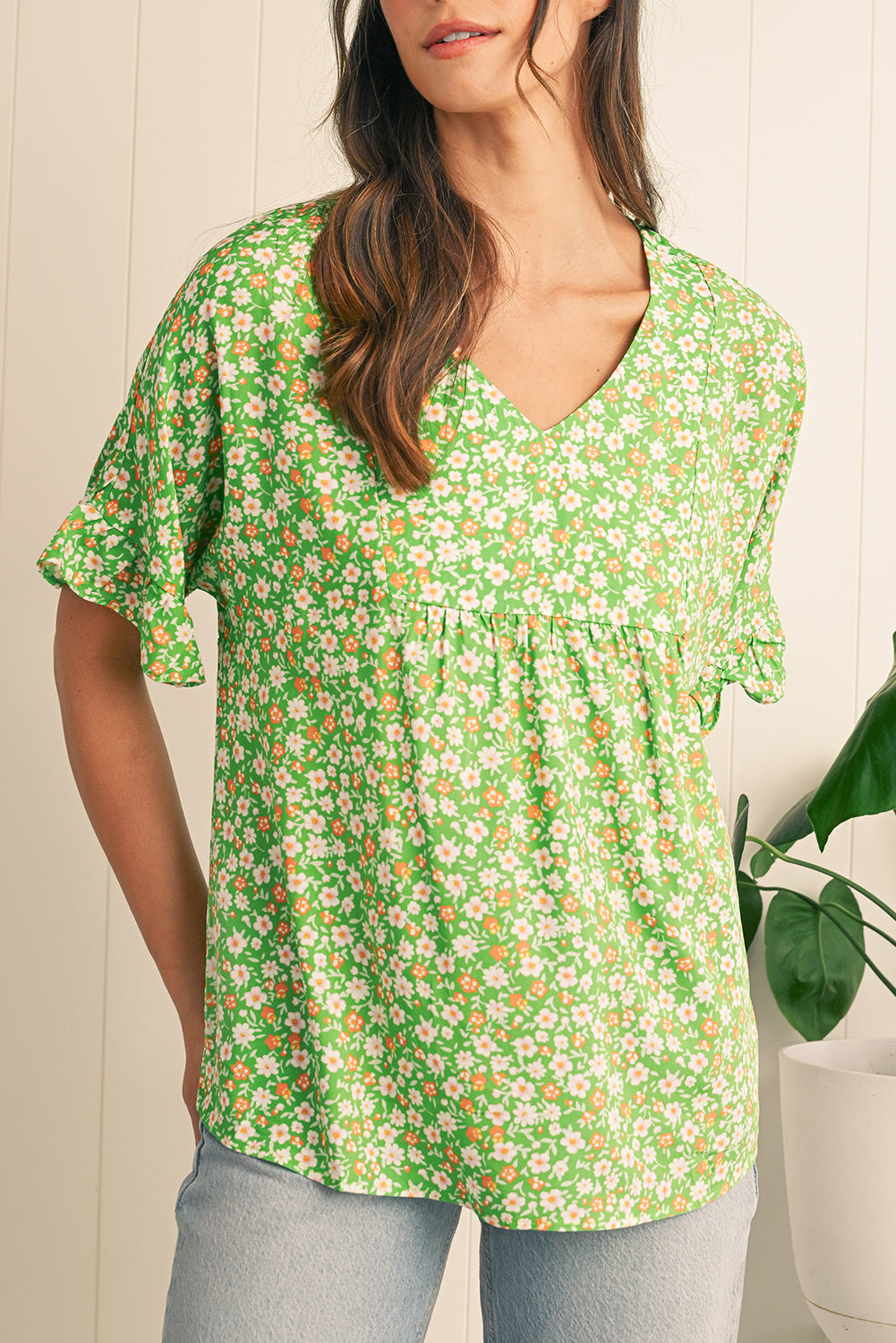Green Floral Print Ruffle Sleeve V Neck Pleated Blouse