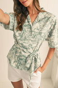 Green Boho Abstract V-Neck Button Shirt