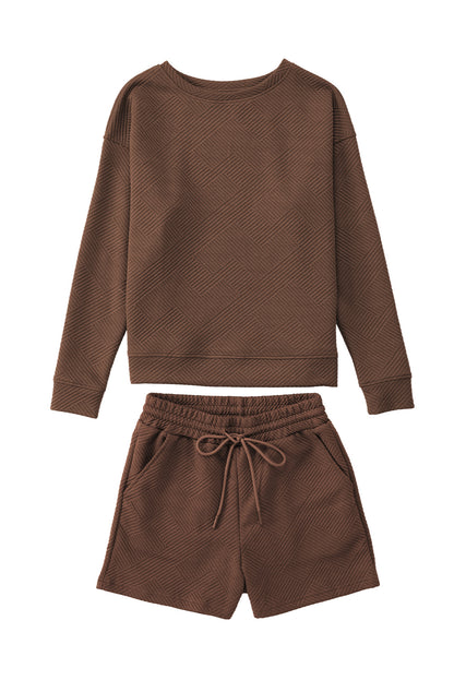 Apricot Textured Long Sleeve Top & Drawstring Shorts Set