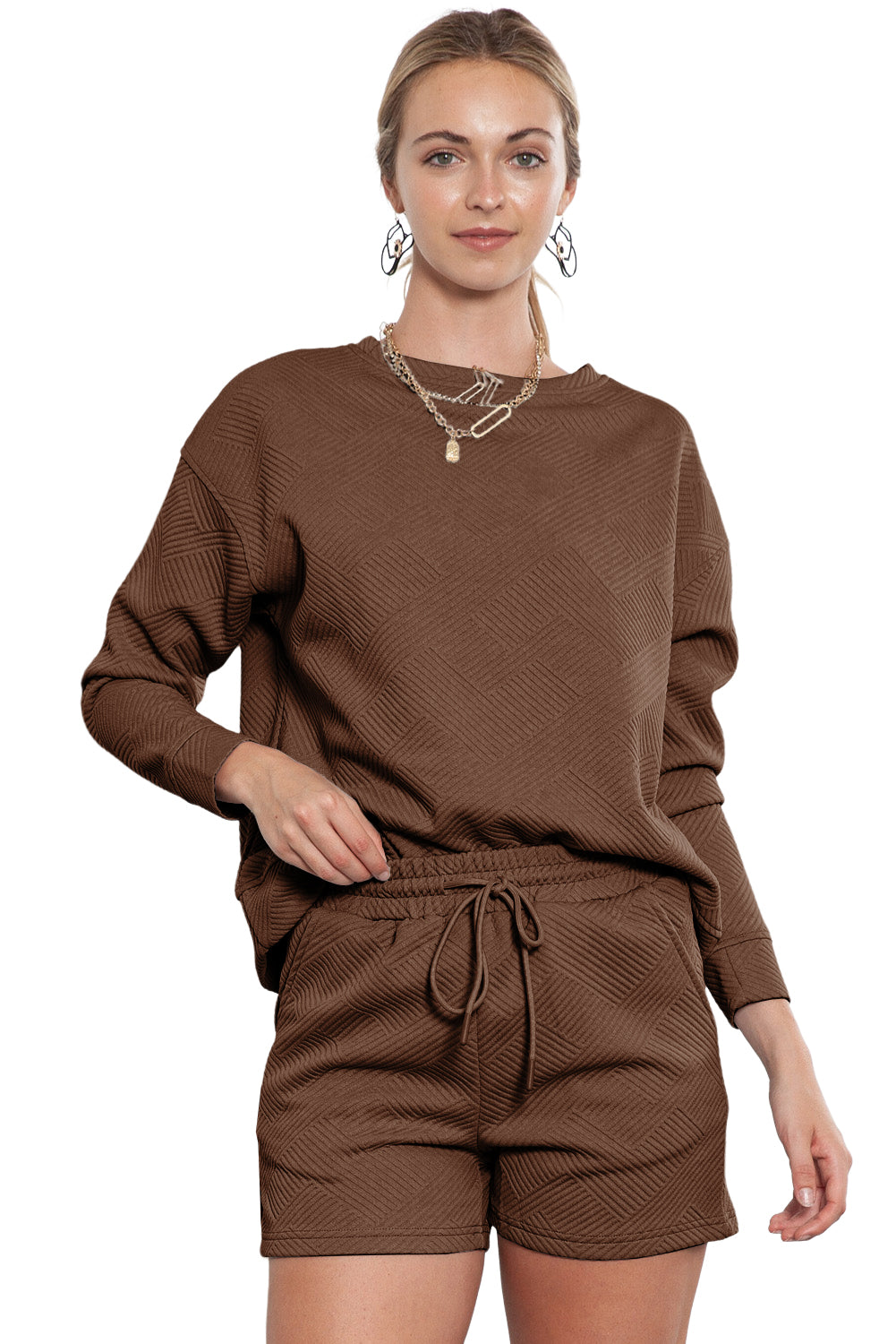 Apricot Textured Long Sleeve Top & Drawstring Shorts Set