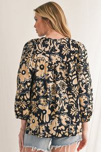 Black Boho Floral Smocked V Neck Bracelet Sleeve Blouse