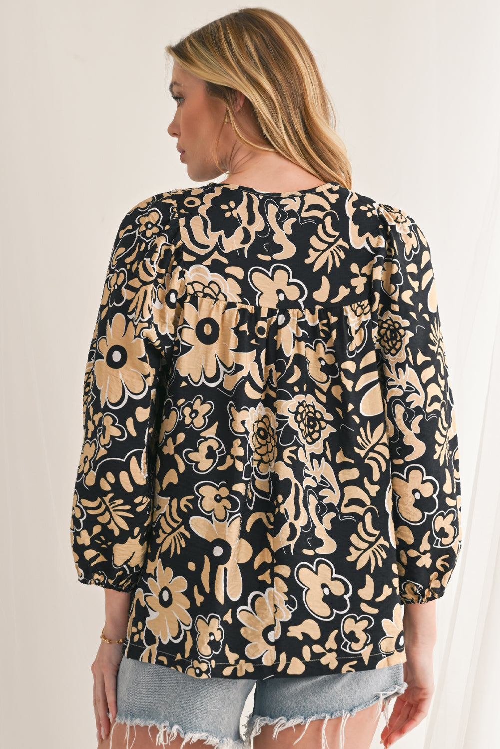 Black Boho Floral Smocked V Neck Bracelet Sleeve Blouse