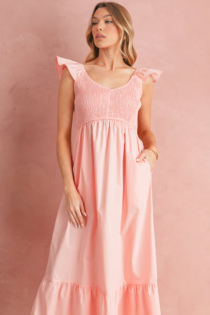 Apricot Pink V Neck Flutter Sleeve Smocked Bodice High Waist Ruffle Maxi Dress