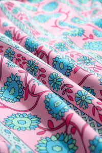 Pink Boho Floral Shirred Short Sleeve Belted Dress