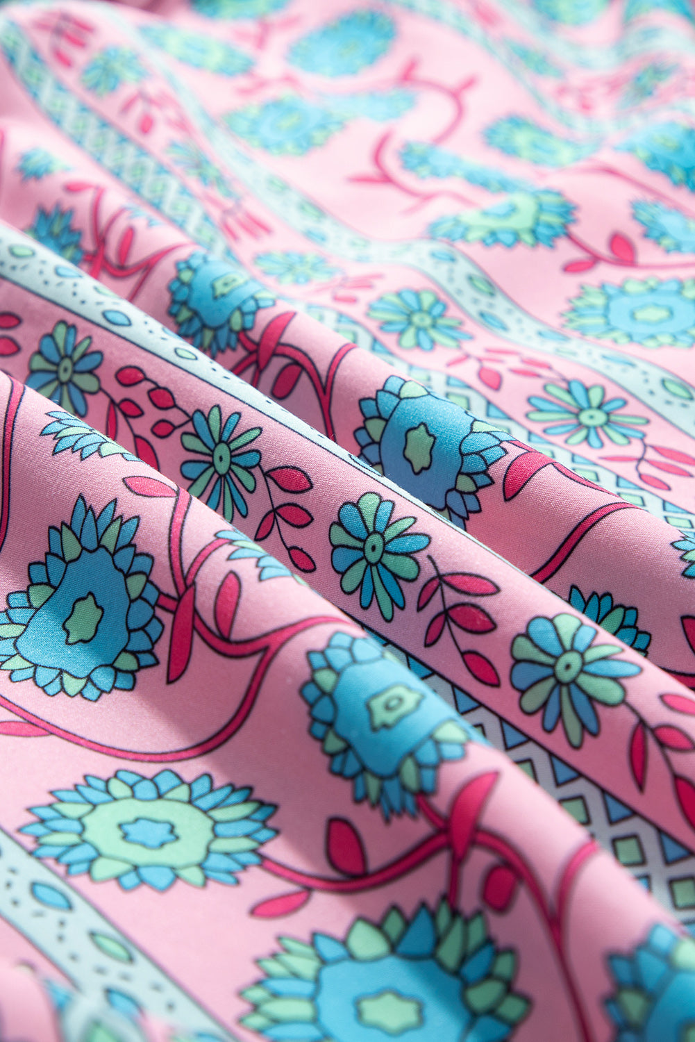 Pink Boho Floral Shirred Short Sleeve Belted Dress