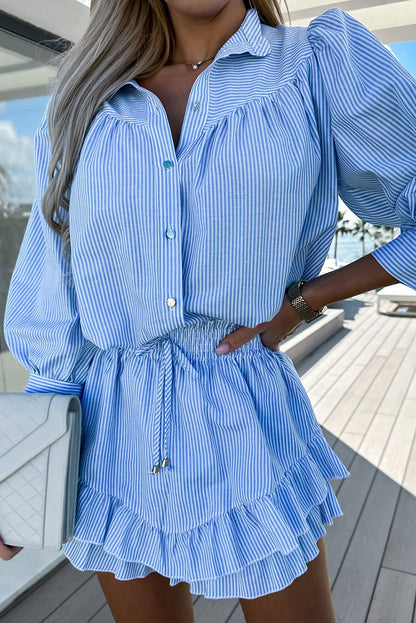 Sky Blue Striped Puff Sleeve Blouse and Ruffle Mini Skirt Set