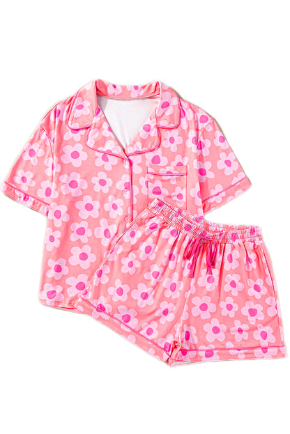 Pink Flower Print Buttoned Shirt and Drawstring Waist Pajama Set