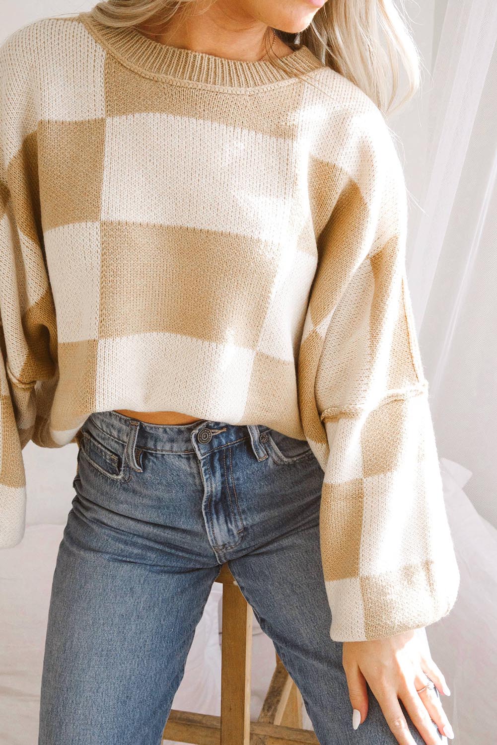 Khaki Plaid Bishop Sleeve Pullover Sweater