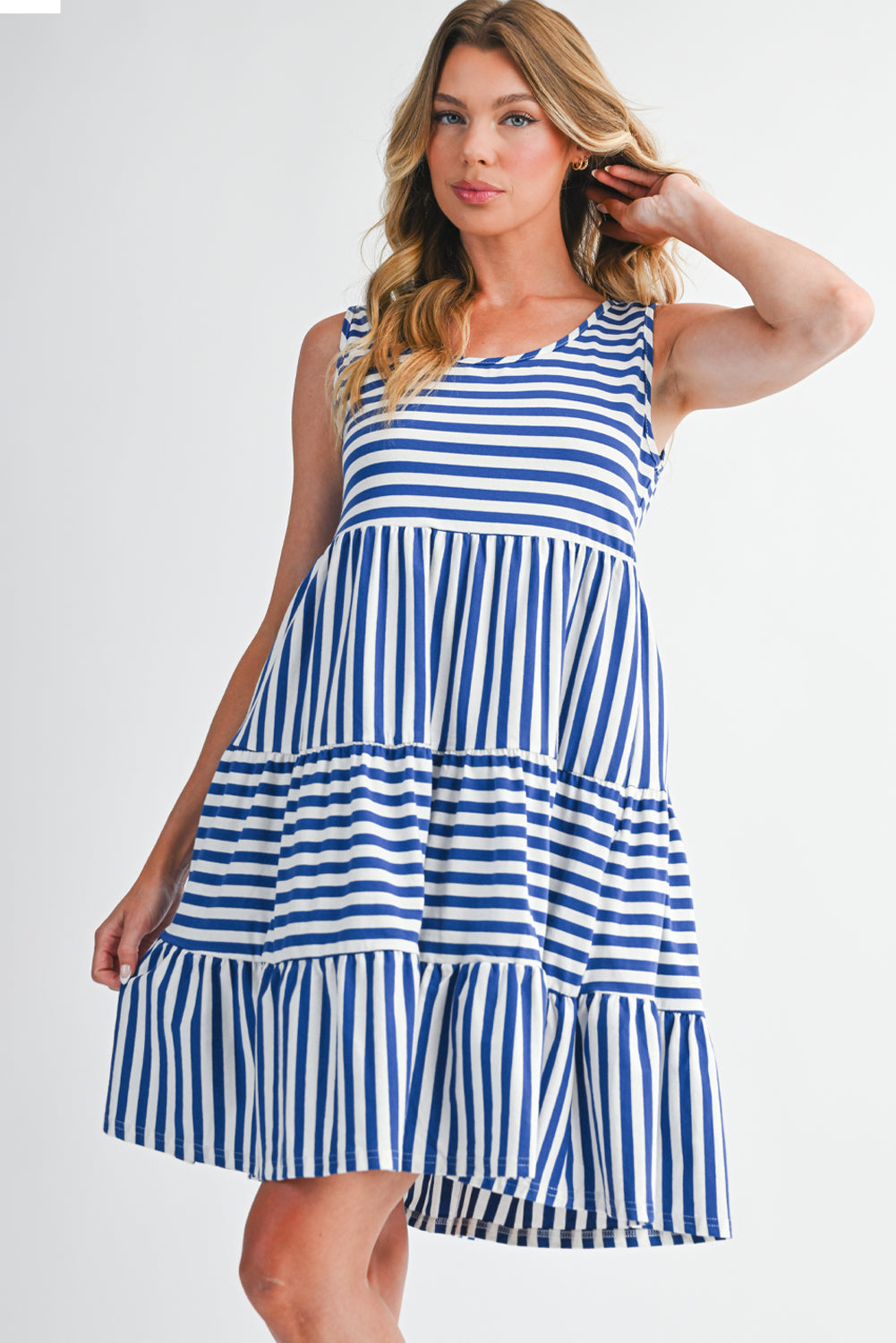 Rose Stripe U Neck Sleeveless Loose Fit Mini Dress