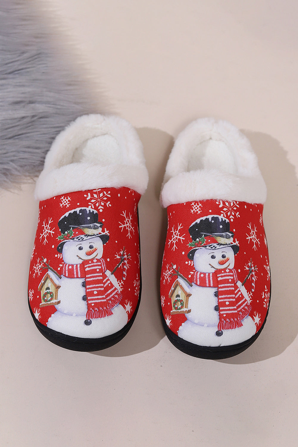 Fiery Red Cute Christmas Snowman Print Fluffy Slippers