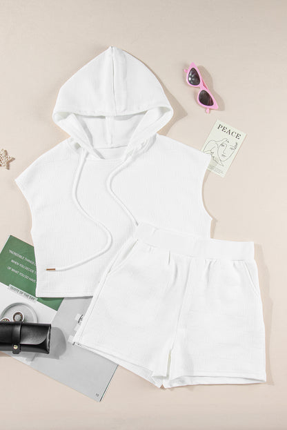 White Textured Cropped Hoodie and Pocketed Shorts Set