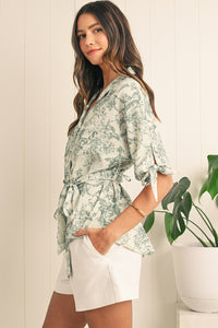 Green Boho Abstract V-Neck Button Shirt