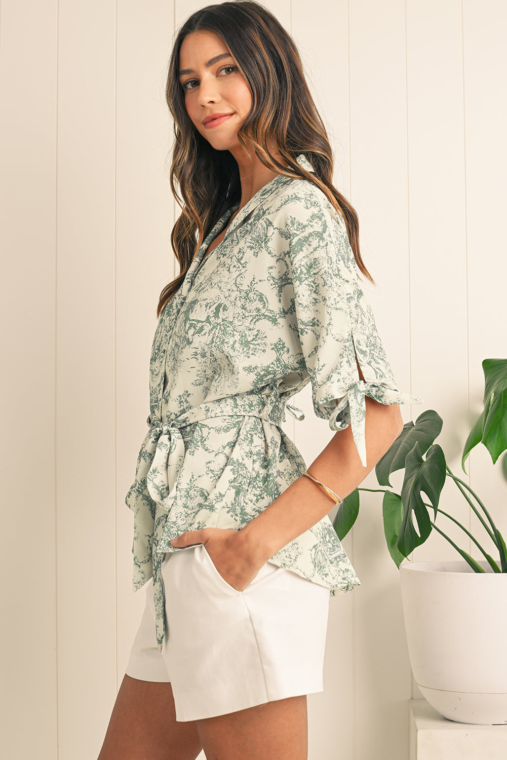 Green Boho Abstract V-Neck Button Shirt