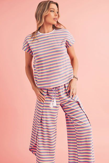 Pink Stripe Rainbow Tee and Tassel Drawstring Wide Leg Pants Set