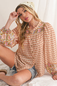 Multicolour Boho Floral Puff Sleeve V-Neck Button Blouse