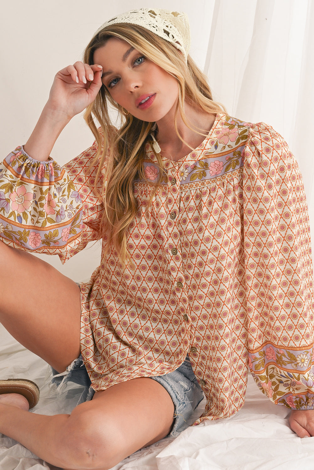 Multicolour Boho Floral Puff Sleeve V-Neck Button Blouse