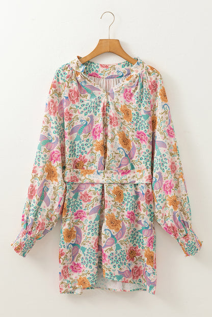 Multicolour Boho Long Sleeve V-Neck Knot Mini Dress