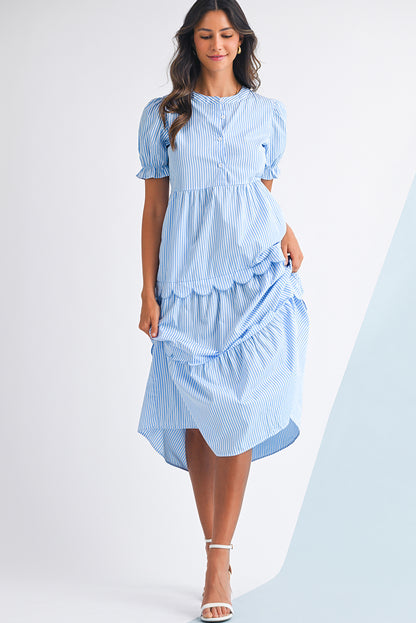 Sky Blue Stripe Bubble Sleeve Scallop Tiered Dress