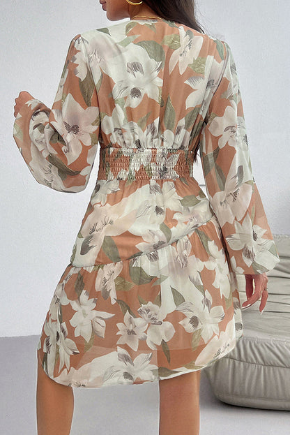 Red Temperament Floral Printed Waisted Long Sleeve Dress