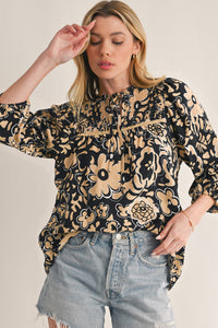 Black Boho Floral Smocked V Neck Bracelet Sleeve Blouse