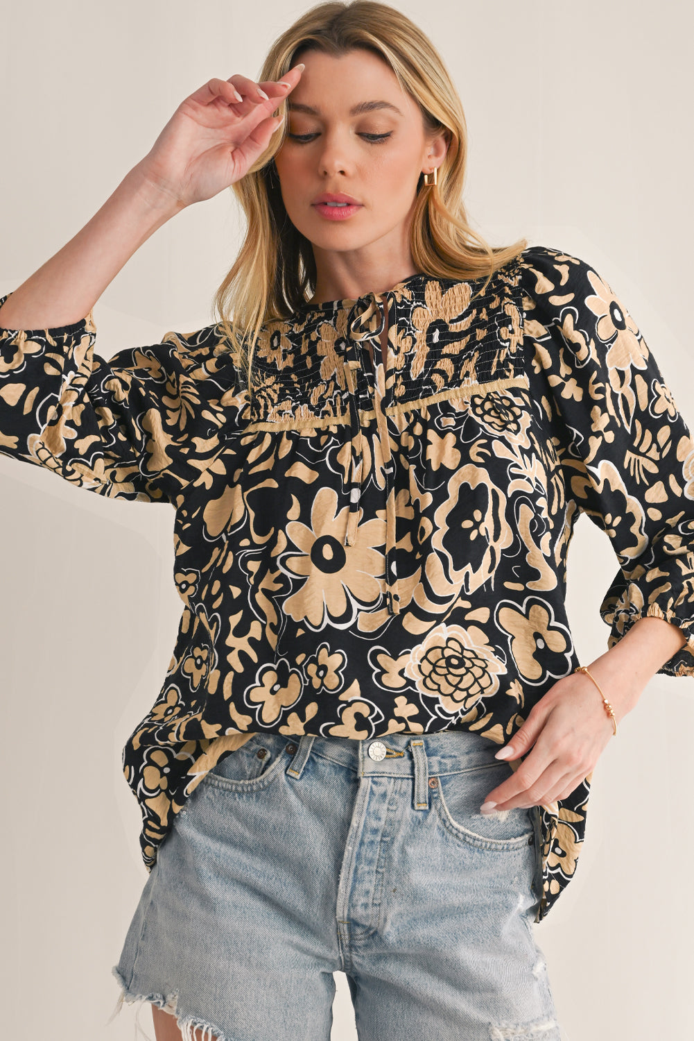 Black Boho Floral Smocked V Neck Bracelet Sleeve Blouse