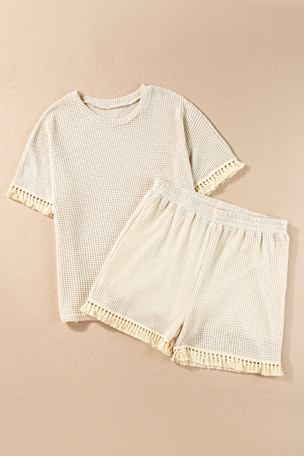 Beige Fringe Trim Waffle Knit Textured Shorts Set