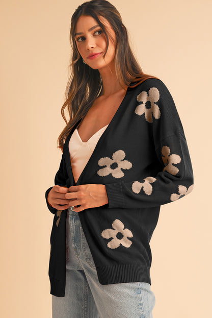 Black 60s Vintage Flower Drop Shoulder Cardigan