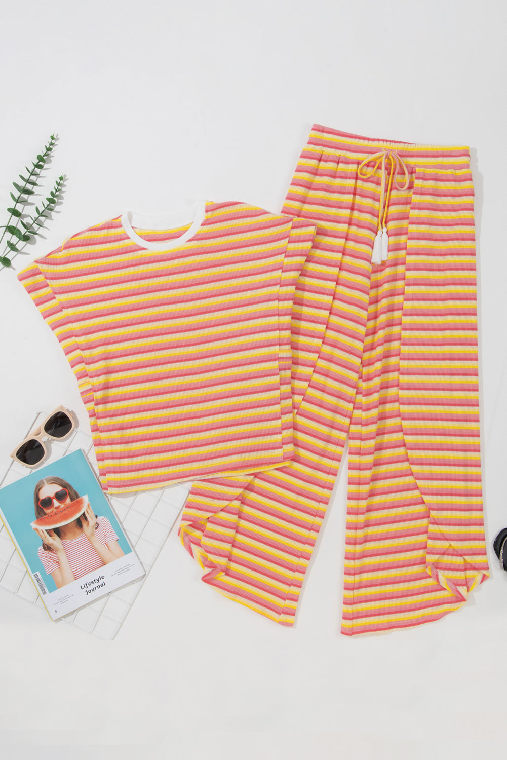 Pink Stripe Rainbow Tee and Tassel Drawstring Wide Leg Pants Set