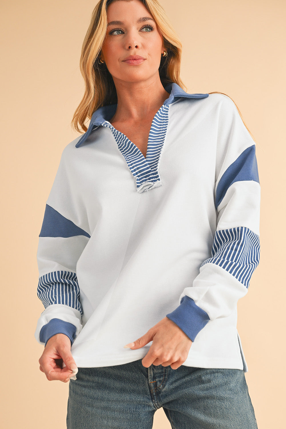 Dark Blue Striped Patchwork Collar Sweatshirt