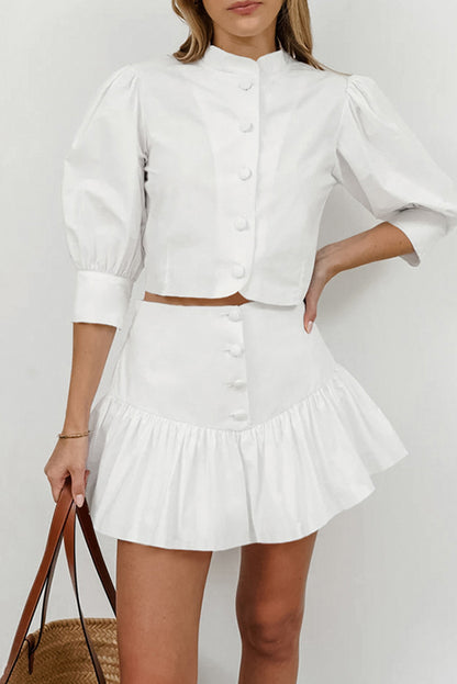 White Lantern Sleeve Cropped Shirt & Short Skirt Set