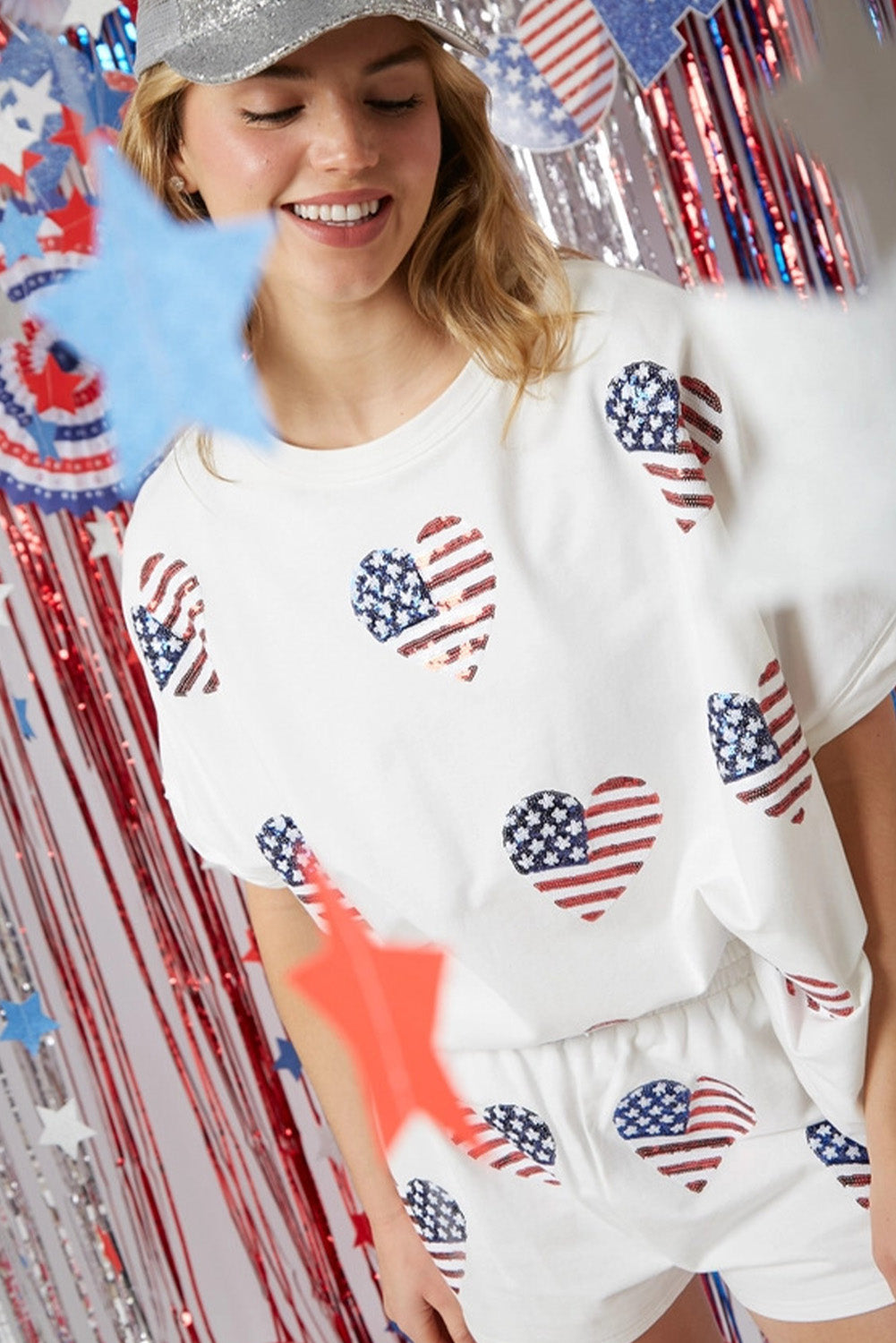 White American Flag Sequin Graphic Loose Top and Shorts Set