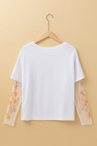 White Floral Mesh Patchwork Sleeve Fake Two-Piece Top