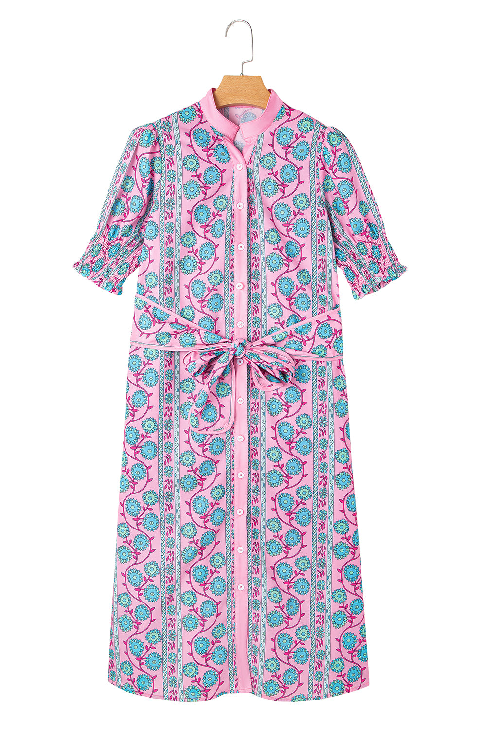 Pink Boho Floral Shirred Short Sleeve Belted Dress